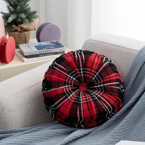 Vista 2 de S_SSOY Almohada redonda redonda plisada a cuadros, almohada de suelo vintage con botón central para sofá, silla, cama, piso de coche Rojo
