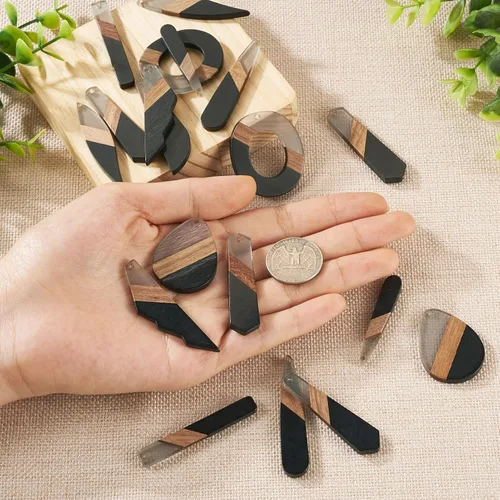 Vista 6 de Beadthoven - Dijes de madera de resina para bricolaje, colgantes de aretes de lágrima multicolor, triángulo, círculo redondo, rombo, barra
