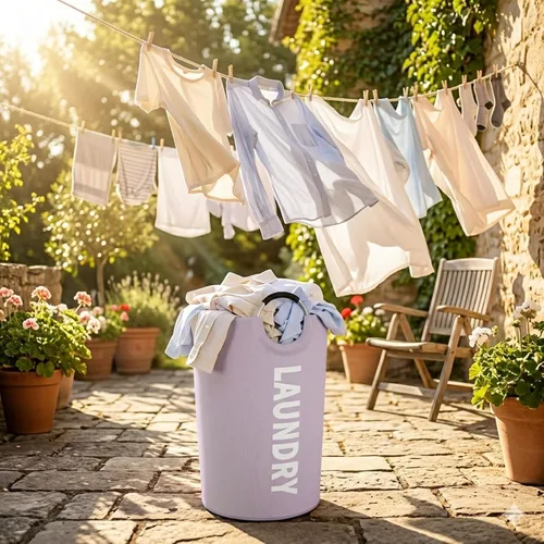 Vista 7 de Bolsa de lavandería plegable de 90 litros con asa, canasta grande para ropa sucia, cesta plegable para ropa sucia, color morado, cesta impermeable