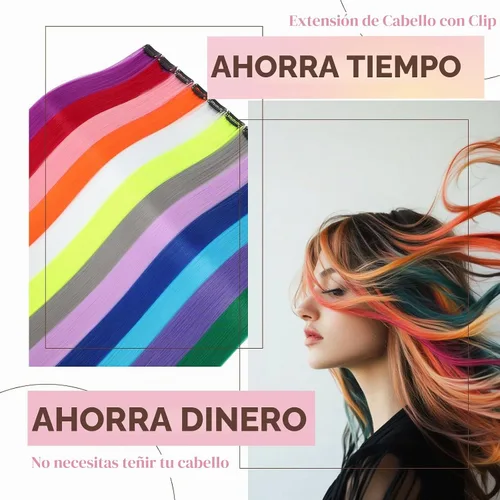 Vista 7 de Extensiones de cabello de colores, extensión de cabello liso con clip de 22 pulgadas, extensiones de cabello con brillantina multicolor arcoíris
