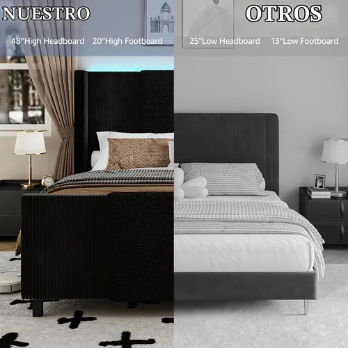 Vista 5 de Lihimte Marco de cama tamaño Queen con cabecera alta y estribo, marco de cama tapizado en bouclé y corduroy con luces LED, marco de cama de Negro