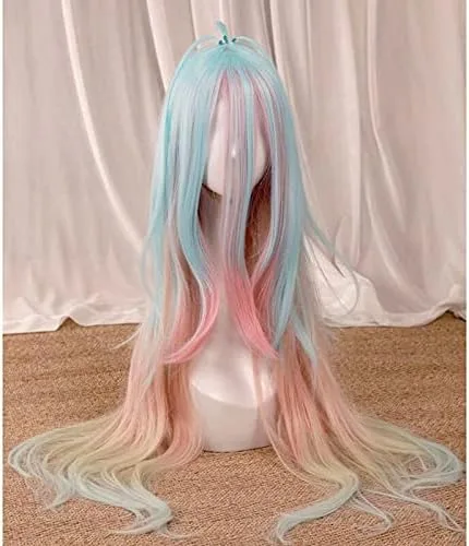 Vista 3 de No Game No Life Shiro Sora Cosplay Peluca Gradual Azul Rosa Amarillo Largo Liso Anime Pelo Sintético Adulto Juego De Rol Cosplay Peluca