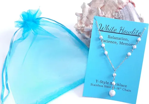 Vista 4 de Natural Crystal Bead White Howlite Stone Y Shaped Lariat Necklace Non-Tarnish Steel Chain