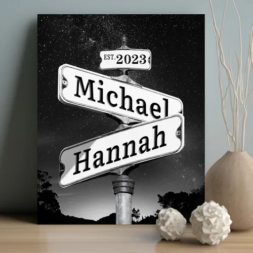 Vista 15 de WNNNS Póster de letrero de calle vintage con nombre personalizado para parejas, novia, novio, impresiones en lienzo personalizadas para enamorados
