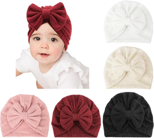 Vista 8 de DRESHOW BQUBO 5 Pieces Newborn Baby Turban Hats Bow Baby Infant Beanie Breathable Toddler Cap for Baby Girls