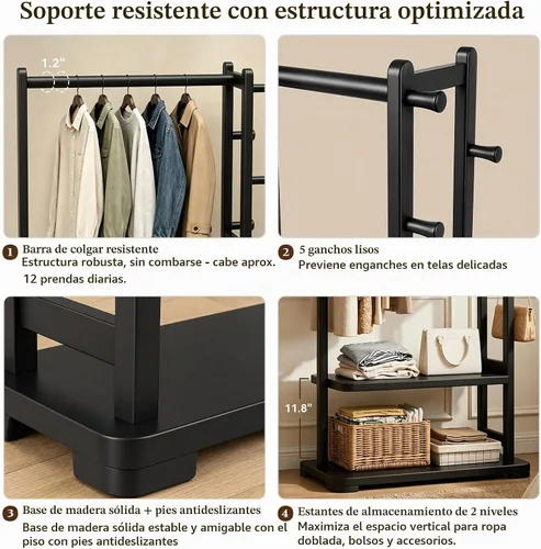 Vista 4 de Taitiy Perchero, perchero independiente de madera maciza, 2 estantes y 5 Negro