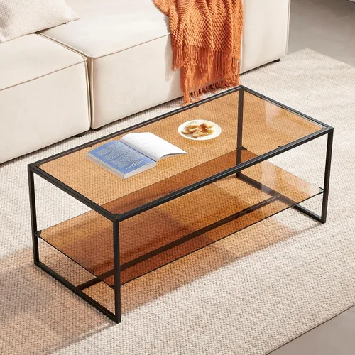 Vista 11 de Shrine - Mesa de café rectangular, diseño moderno de mediados de siglo, estructura de 2 niveles, parte superior de vidrio ámbar y estante de MDF