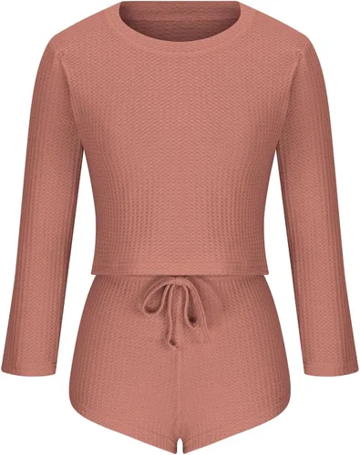 Vista 3 de lcziwo Womens Leisure Waffle Suit Sets Summer Relaxed Long Sleeve Crewneck Top Loose Drawstring Shorts Home Wear