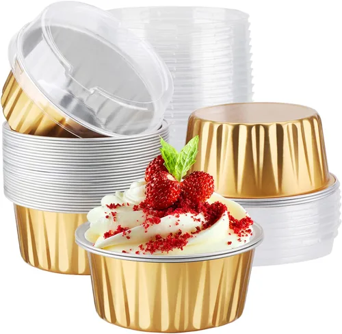 Vista 18 de EUSOAR Tazas de aluminio para hornear, paquete de 30 tazas de 5 onzas para cupcakes con tapas, moldes de pastel de 4.2 fl oz, flanes de postres