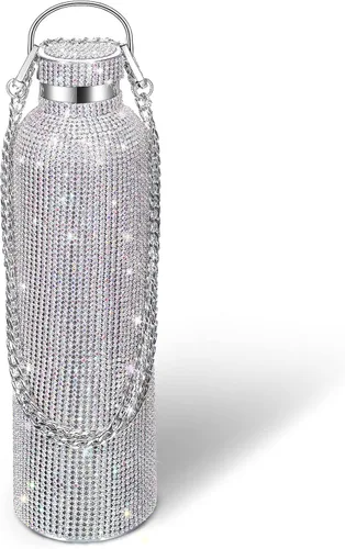 Vista 15 de Geiserailie Botella de agua con diamantes de imitación de acero inoxidable, térmica, recargable, aislada, con cadena, para mujeres y niñas