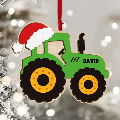 Vista 9 de Adorno de árbol de Navidad con nombre personalizado de madera para camión volquete, camión de transporte, equipo pesado, minicargadora, adorno
