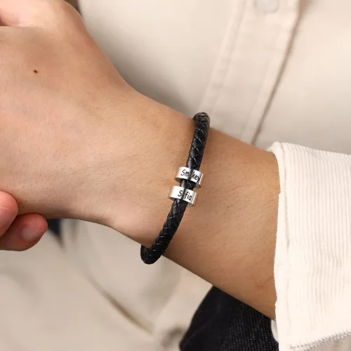 Vista 5 de Pulsera personalizada con nombres trenzados negros para hombre, hecha a medida con abalorios, joyería inspiradora familiar, regalo para papá, Cuero