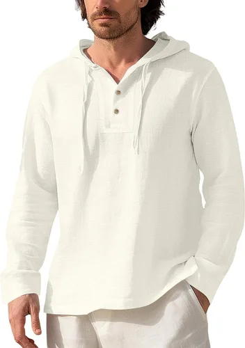 Vista 7 de Sudaderas con capucha de algodón y lino para hombre, manga larga, cuello en V, con botones, con capucha, protección solar, ligera, para la playa