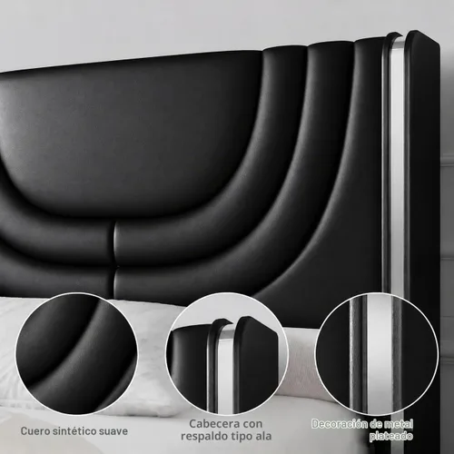 Vista 4 de REVOMINCA Base de cama individual con luces LED, plataforma tapizada de piel sintética con cabecera de ala plateada, estilo moderno, no necesita