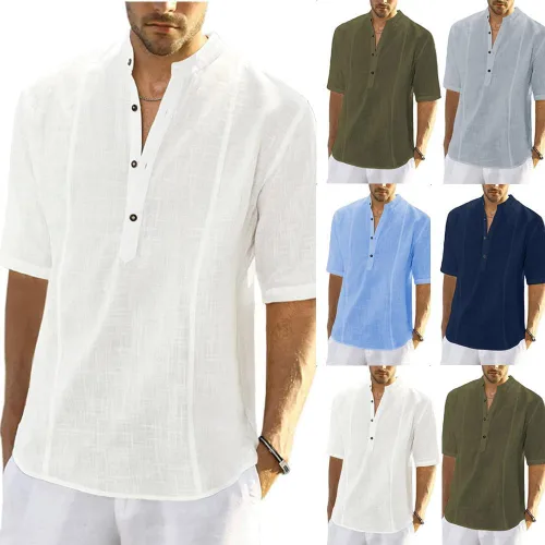 Vista 3 de Camisa básica cómoda de lino de manga corta para hombre, ligera, de color sólido, con botones