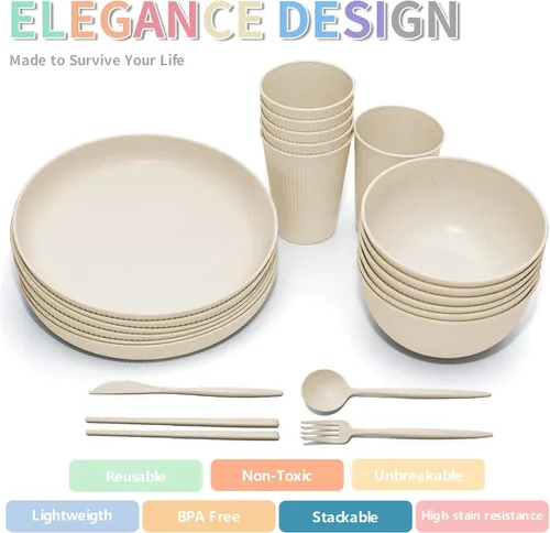 Vista 4 de Juego de vajilla de paja de trigo -DAPIPIK 42 piezas de vajilla irrompible para 6, juego de platos y cuencos para la cocina, juego de platos, tazas