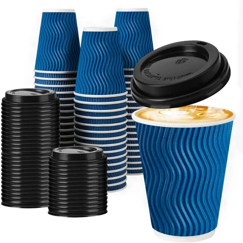 Vista 13 de Tazas de café desechables de 12 onzas con tapas, tazas de papel de café con tapas para llevar, tazas calientes aisladas para bebidas calientes
