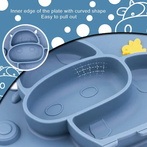 Vista 4 de Platos divididos de silicona para niños pequeños, platos portátiles antideslizantes con ventosa para niños, bebés y niños, sin BPA (azul oscuro)