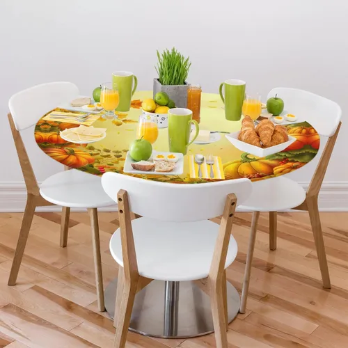 Vista 2 de Mantel redondo ajustado con diseño de calabaza de otoño, hojas de otoño, color amarillo, pequeño con borde elástico, manteles circulares lavables
