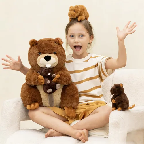 Vista 9 de MaoGoLan 4 animales de peluche de castor con tres bebés en el interior, regalo de felpa de castor gigante esponjoso de 17.7 pulgadas, divertidos