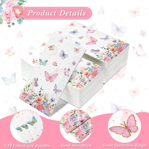Vista 3 de 100 servilletas de mariposa rosa para fiestas, toallas de papel desechables coloridas para jardín, primavera, verano, flores y mariposas, toallas