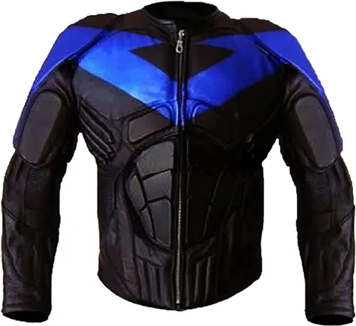 Vista 4 de Chaqueta de cuero para motociclista de hombre, negra y azul, con protección y acolchado - Chaqueta de armadura de motociclista