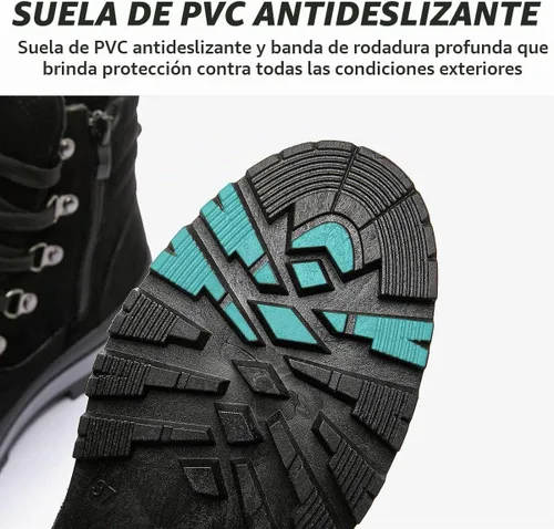 Vista 5 de FRACORA Botas de combate para mujer, con cordones, botas de nieve, botas de invierno con cremallera lateral, botines de moda Negro
