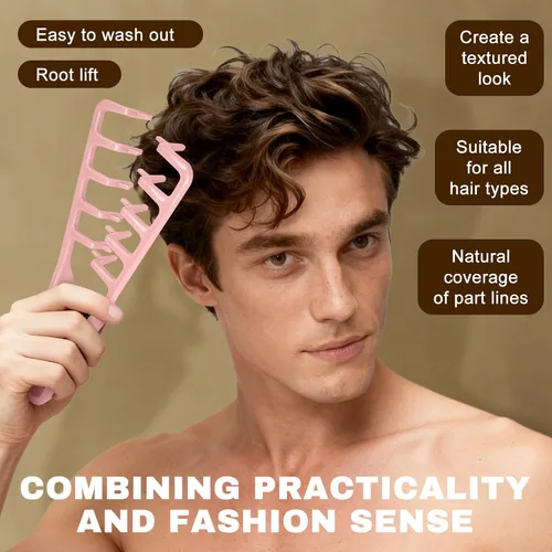 Vista 5 de Peine de textura – 2 piezas de peine de pelo de dientes anchos para hombres y mujeres (gris+rosa)