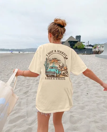 Vista 5 de Camiseta con texto en inglés "I Got A Heart Like A Truck" para mujer, camisetas de música country de Nashville, traje de concierto Western Sunset