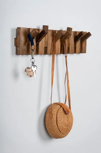 Vista 4 de Perchero hecho a mano de madera de nogal maciza – Ganchos abatibles montados en la pared para chaquetas, sombreros, toallas y bolsas – Organizador