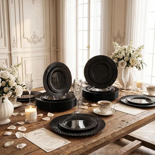 Vista 6 de WELLIFE 100Pcs Black Plastic Plates For Party, Black Disposable Plates Include 50 Dessert Plates and 50 Dinner Plates For Wedding, Birthday