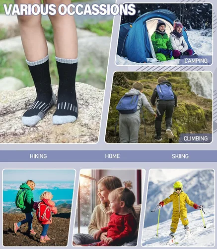 Vista 6 de Calcetines de senderismo de lana merino para niños y niñas, para invierno, cálidos, gruesos, térmicos, calcetines de regalo, 6 pares