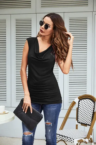 Vista 2 de Zeagoo - Camiseta sin mangas elástica de cuello holgado y fruncido, con drapeado lateral, para mujer