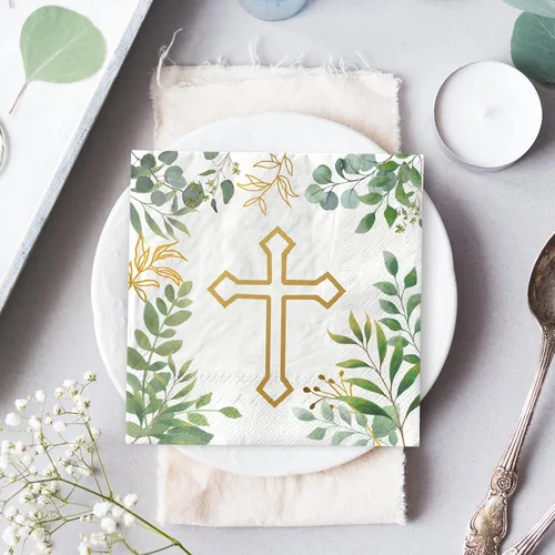 Vista 7 de AnyDesign 80 servilletas de papel con cruz vegetal, hojas verdes, desechables, servilletas de almuerzo, bautismo, postre, cena, servilletas de mano