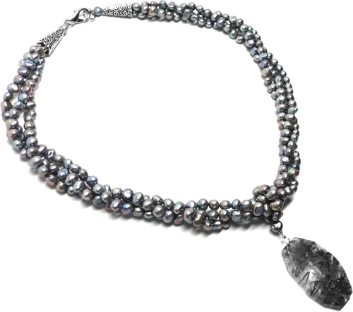 Vista 3 de Collar de triple hebra con perlas cultivadas de cuarzo rutilado grueso facetado