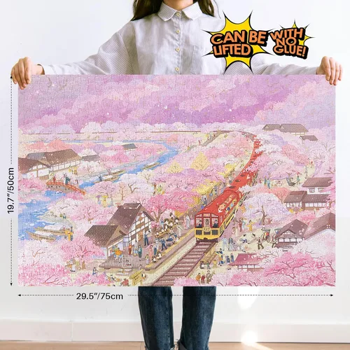 Vista 2 de MOMIBOOK Rompecabezas de 1000 piezas para adultos, rompecabezas de Arashiyama Sakura Tour, imagen de pintura, flor de cerezo, difícil, desafiante