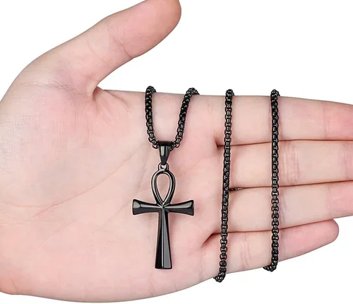 Vista 4 de Reve Collar con colgante religioso de cruz de Ankh copta de acero inoxidable para hombres y mujeres, cadena de 20 a 24 pulgadas