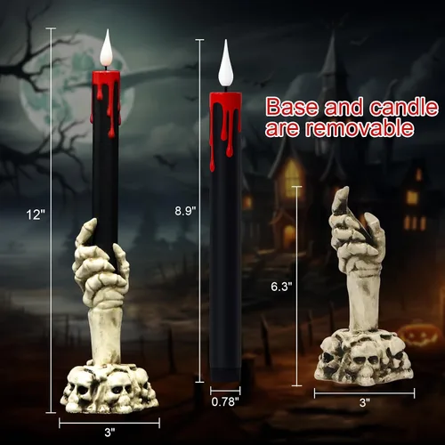 Vista 5 de GenSwin Velas cónicas sin llama de Halloween en negro con candelabros de mano de fantasma y temporizador remoto, 2 piezas de velas cónicas operadas