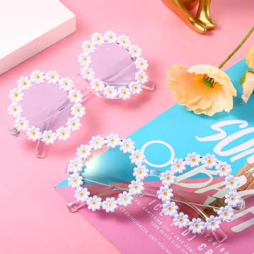 Vista 5 de 2 pares de lentes de sol de margarita para mujer, gafas redondas de flores para adultos y niños, decoración con gafas de tela bolsa de franela