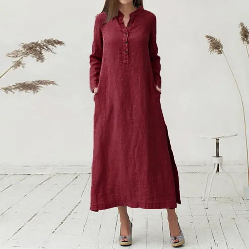 Vista 2 de Maxi vestido largo liso para mujer, de algodón caftán, manga larga, vestido de gran