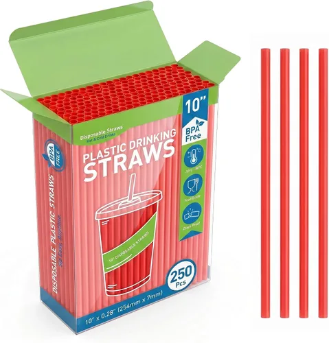Vista 10 de 250 popotes desechables de plástico para beber, 10 x 0.28 pulgadas de largo, pajitas rectas de polipropileno resistentes sin BPA de grado