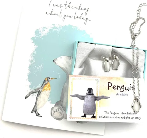 Vista 2 de Smiling Wisdom - Ojo de gato de cuarzo pingüino - Tarjeta de felicitación de amistad con pensamientos en ti - Juego de regalo de collar y aretes