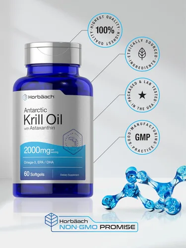 Vista 11 de Horbäach Aceite de Krill Antártico 2000mg 60 cápsulas de cápsulas blandas Suplemento Omega-3, EPA, DHA con astaxantina Sin OMG, sin gluten