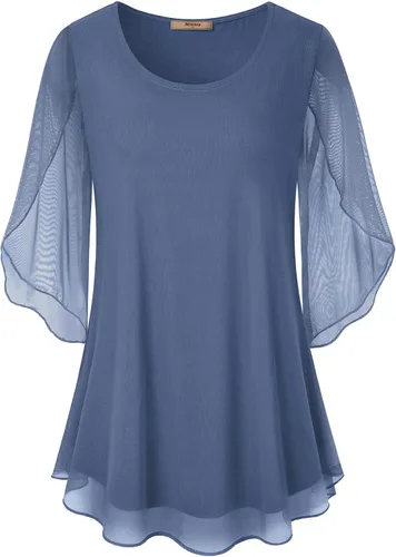 Vista 2 de Miusey Blusas de malla con volantes y manga 34 para mujer, holgadas, con elasticidad