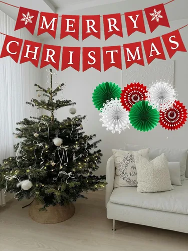 Vista 3 de Juego de decoraciones para fiesta de Navidad – Letrero de Feliz Navidad, guirnalda de borlas rojas, verdes y blancas, abanicos de papel y adornos