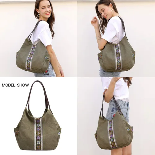 Vista 2 de Worldlyda Women Canvas Hobo Purse Multi Pocket Tote Shopper Shoulder Bag Casual Top Handle handbag with Embroidery Ethnic
