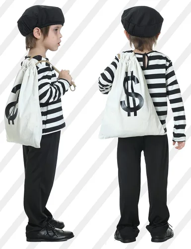 Vista 4 de YuDanae 5Pcs Kids Robber Costume Set Bank Burglar Bandit Thief Role Play Halloween Costumes for Toddlers Kids Boys Aged 4-10
