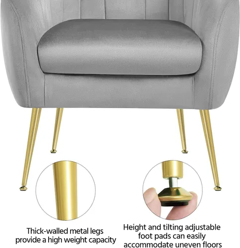 Vista 6 de Yaheetech Silla de Tocador Moderna, Silla de Acento de Terciopelo Suave con Patas de Metal Dorado, Sillón Acolchado Chaise Longue para Sala de Gris
