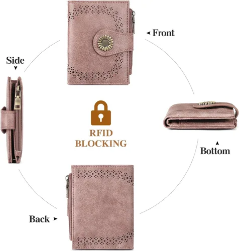 Vista 6 de SENDEFN - Carteras pequeñas para mujer, cartera plegable con bloqueo RFID, portatarjetas de cuero, monedero compacto con bolsillo para monedas