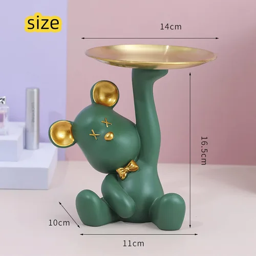 Vista 2 de Escultura de oso de dibujos animados de resina con bandeja de metal, bandeja de almacenamiento de figuras de animales, bandeja de almacenamiento